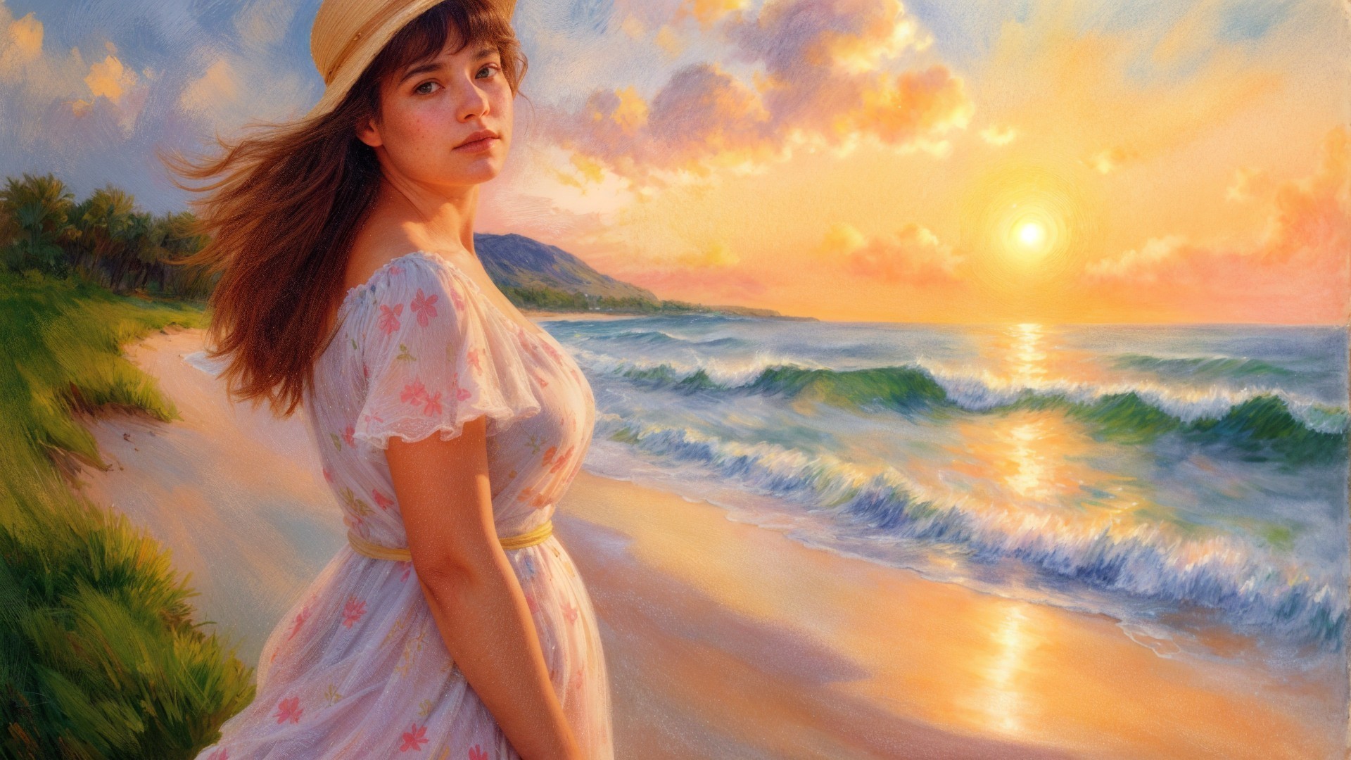 Young Woman on Beach at Sunset in Floral Dress