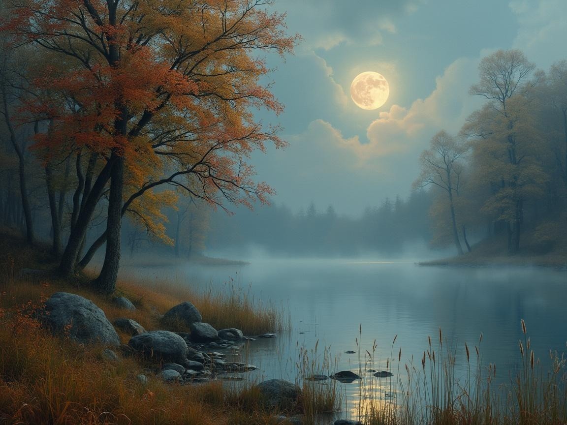 Serene Autumn Landscape with Tranquil Lake and Moonlight