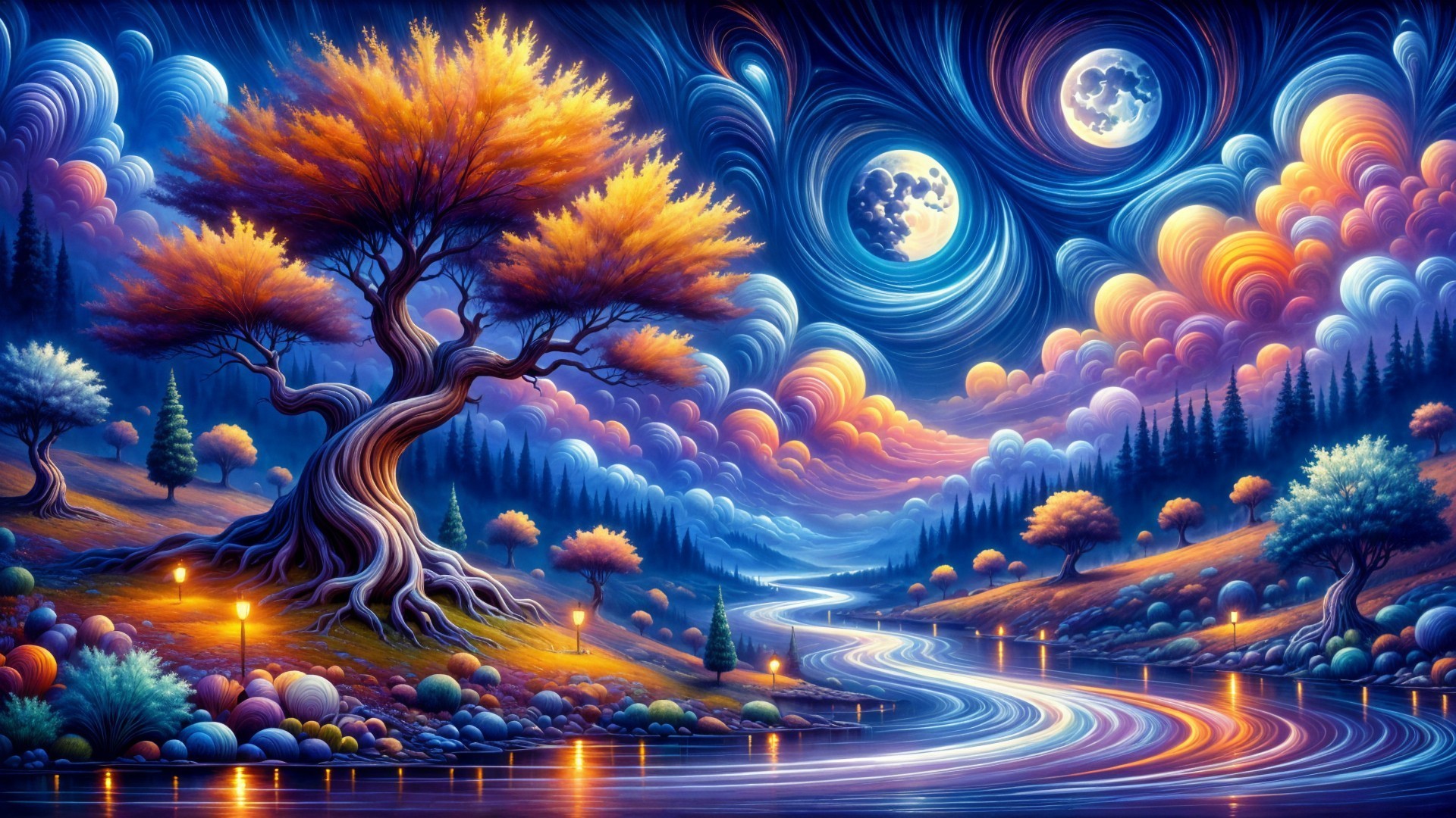Surreal Landscape with Cosmic Sky and Golden Tree