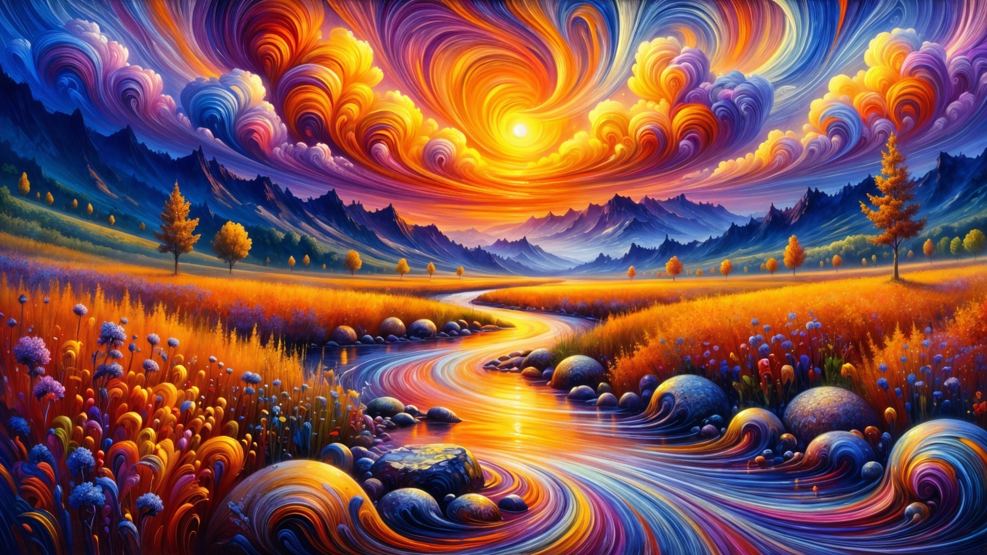 Vibrant Sunset Landscape with River and Mountains