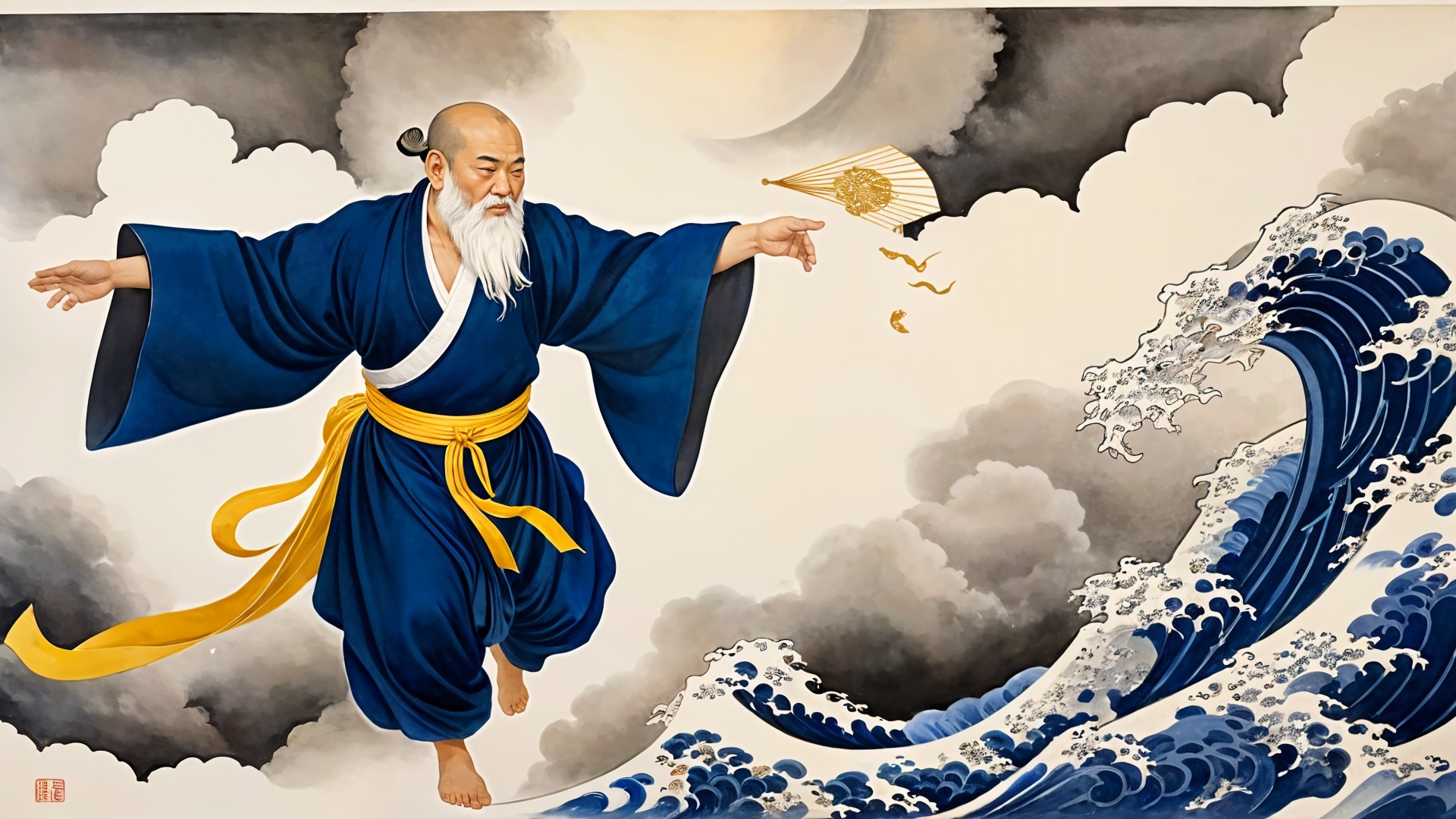 Ethereal figure controlling elements above tumultuous waves