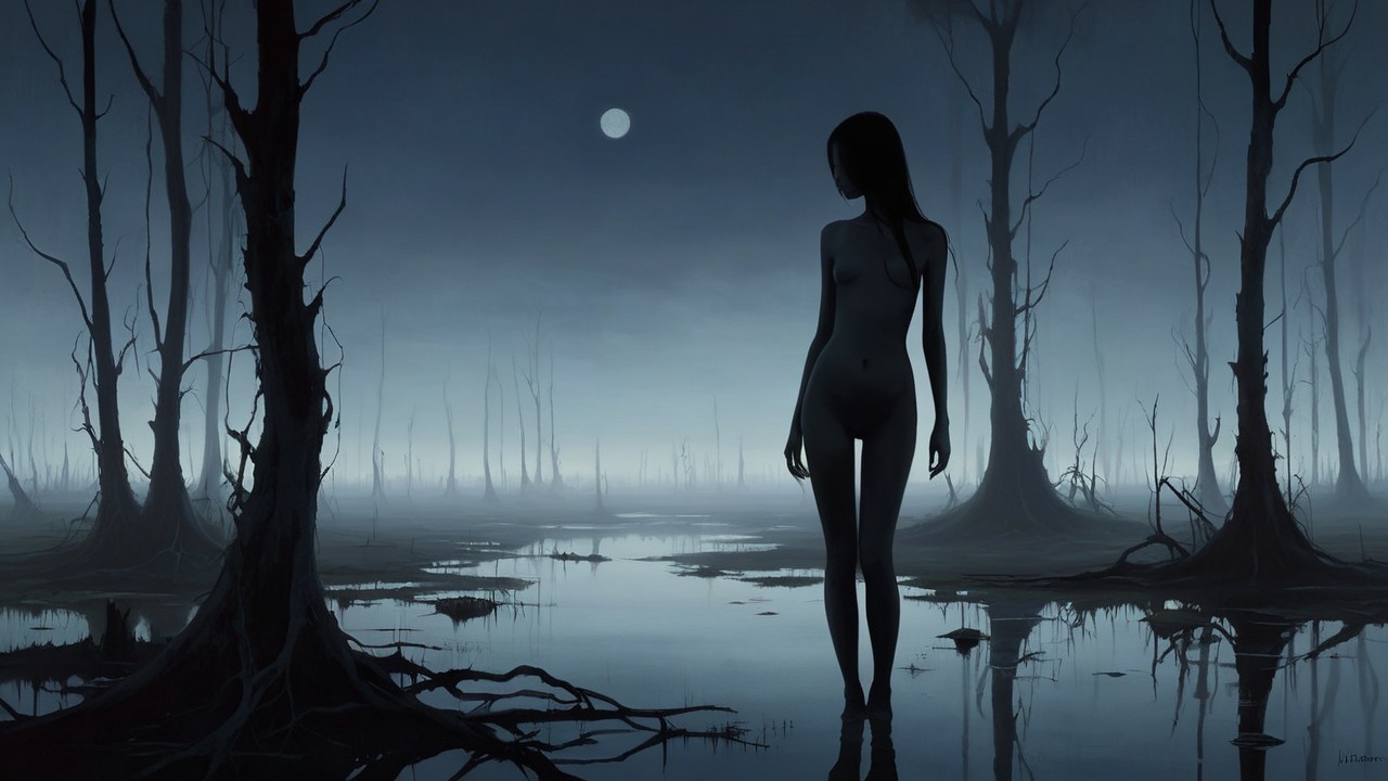 Solitary Figure in Misty Landscape with Full Moon