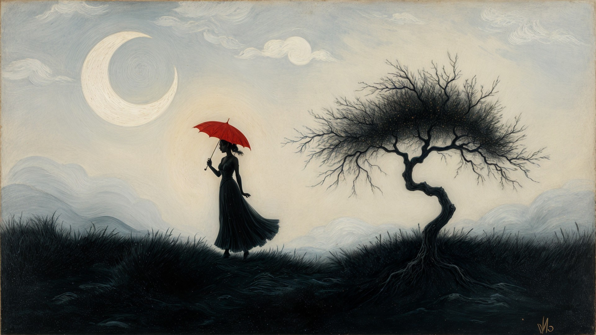Solitary figure with umbrella on grassy hill at night