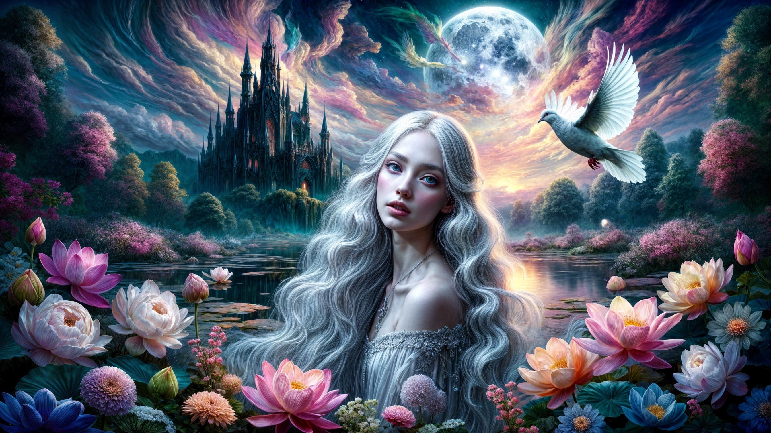 Enchanting Landscape with Silver-Haired Woman and Castle