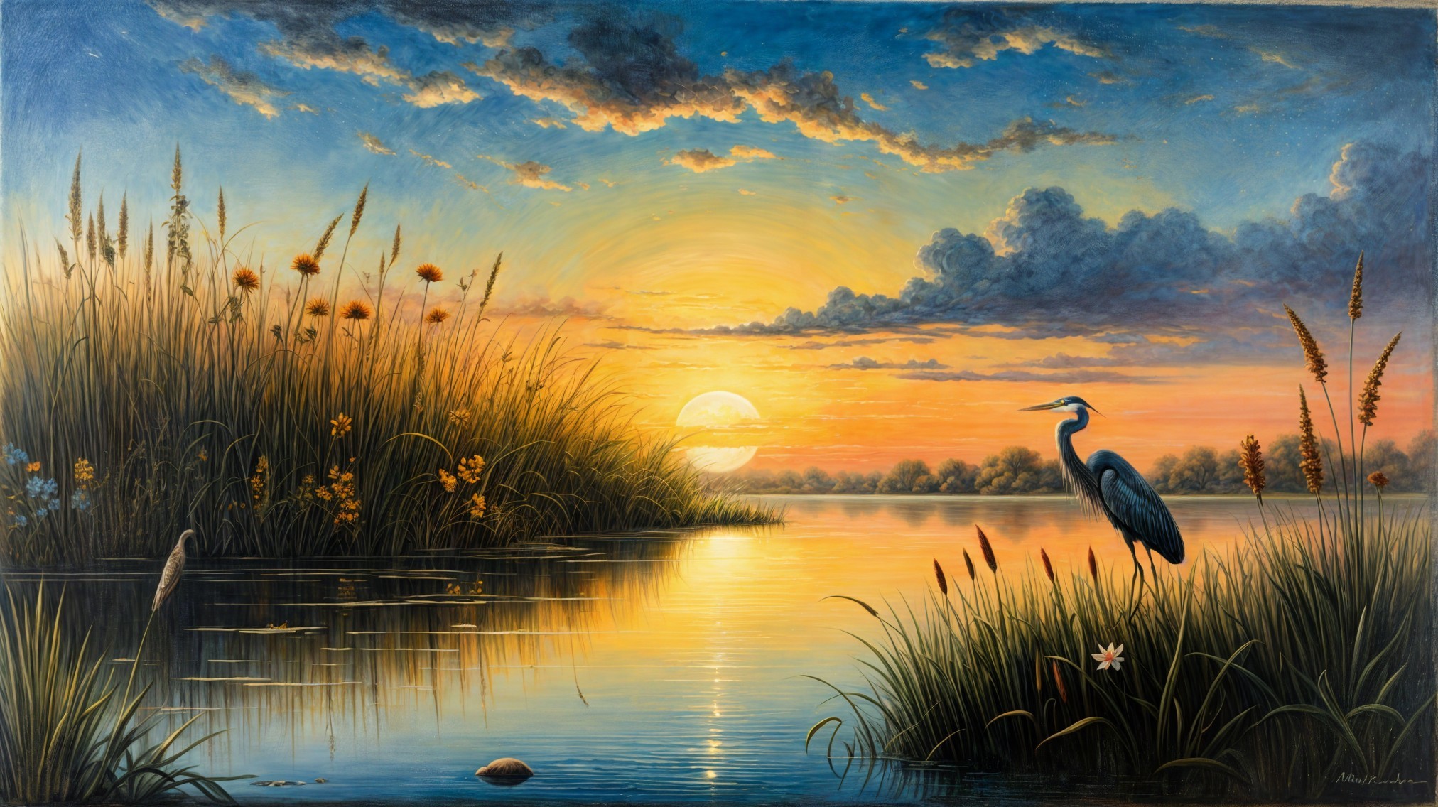 Tranquil Dawn Landscape with River and Heron