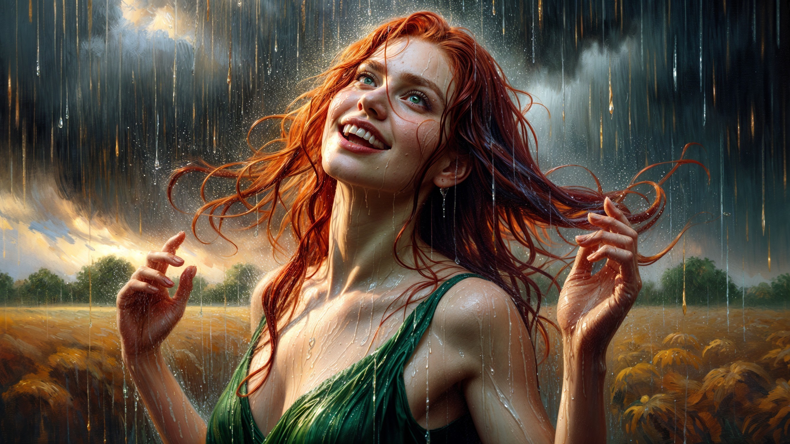 Joyful Woman in Green Dress in Rainy Field Scene