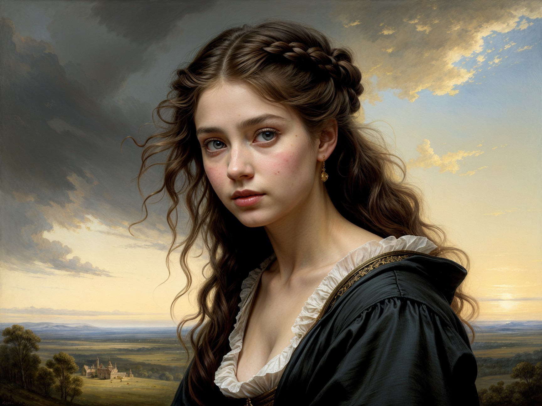 Young woman in elegant dress against serene landscape