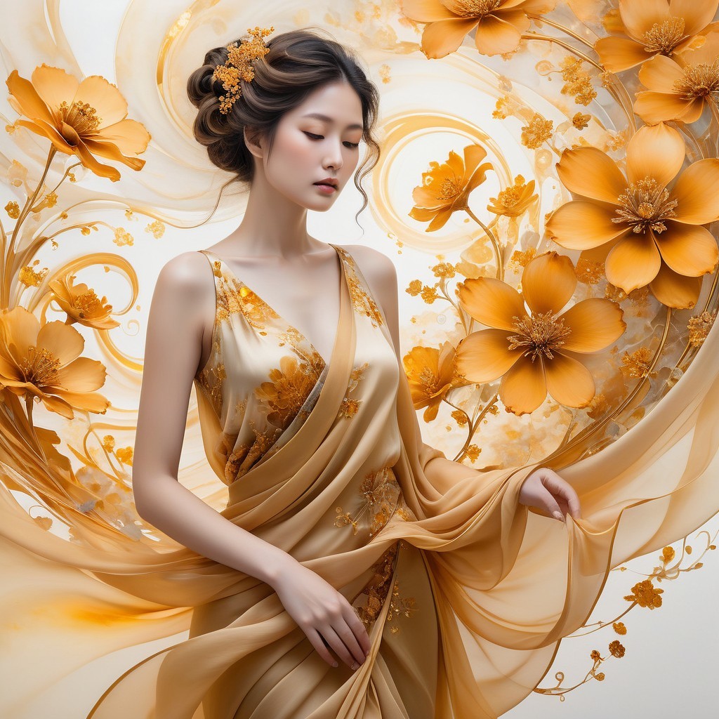 Serene Figure in Golden Gown Amidst Floral Backdrop