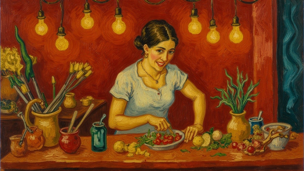 Young Woman Cooking in a Cozy Kitchen Setting