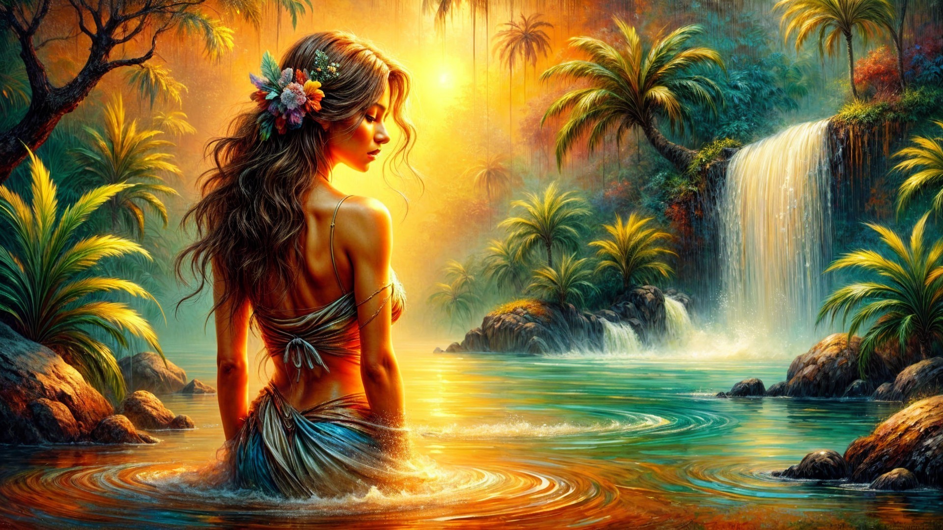 Woman Wading in Tranquil Waters Surrounded by Nature