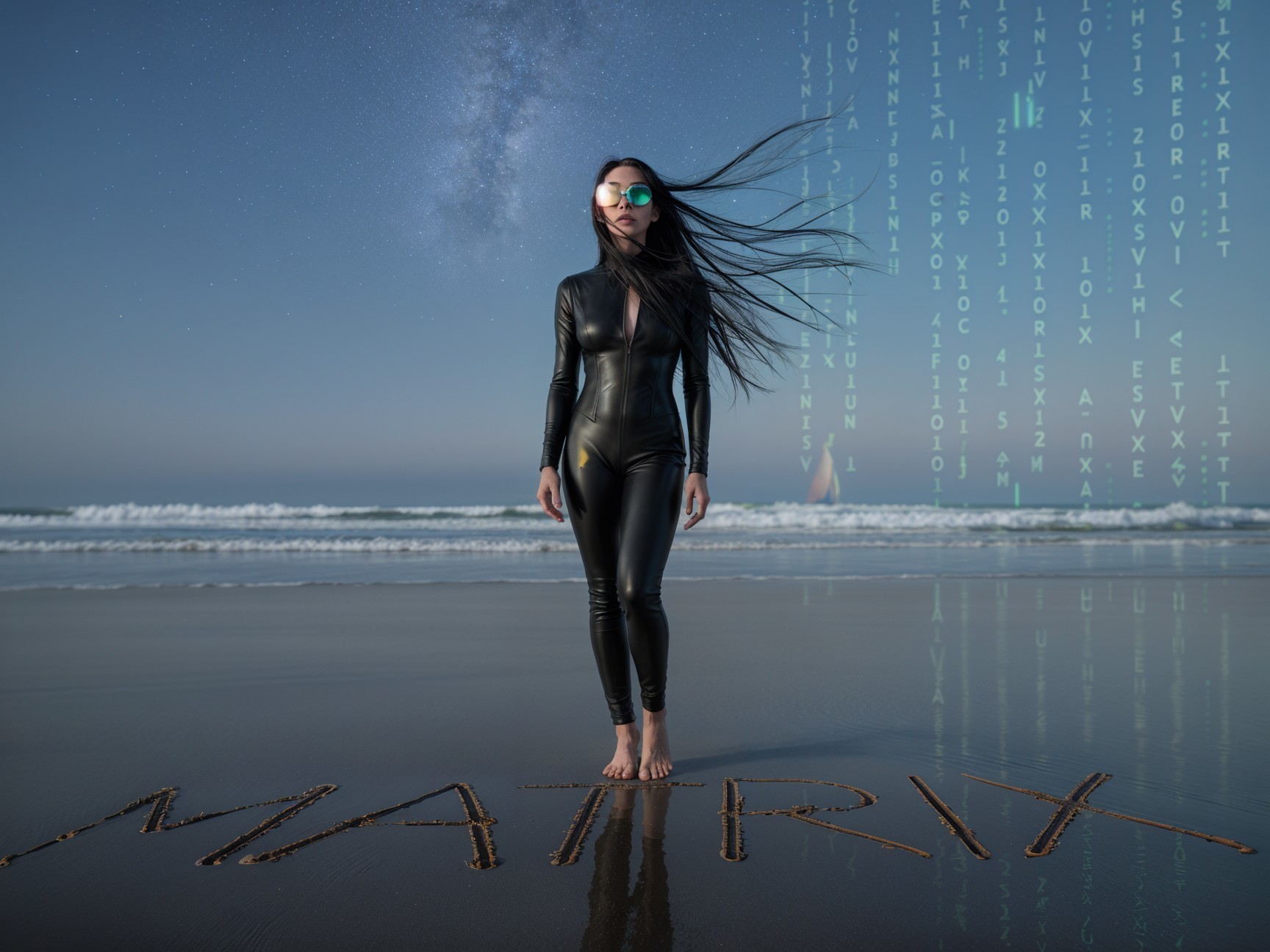 Woman in Black Bodysuit on Beach with Starry Sky