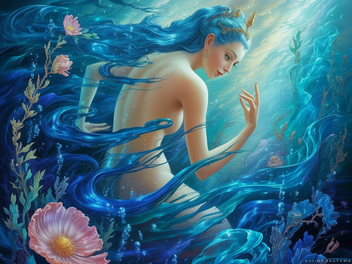 Underwater Scene with Graceful Figure and Aquatic Life