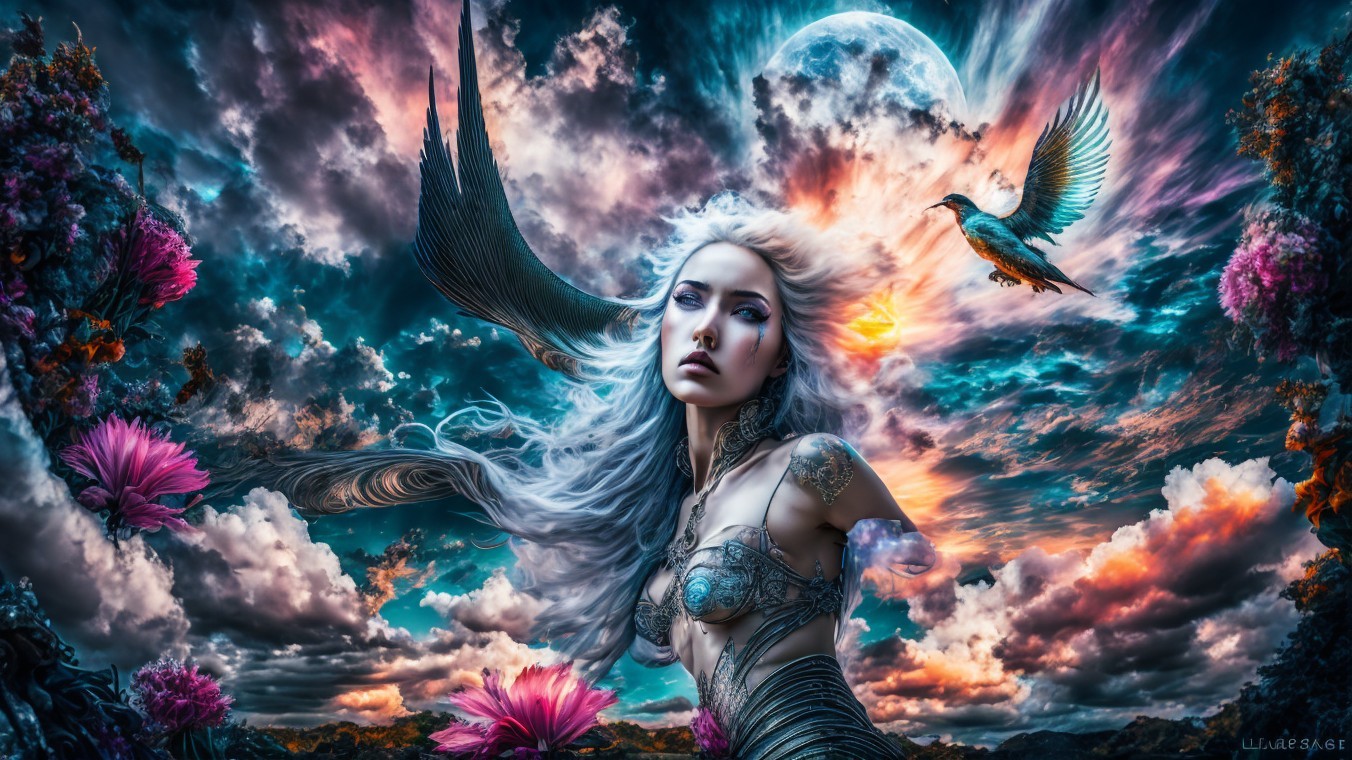 Mystical Landscape with Woman in Armor and Ethereal Sky