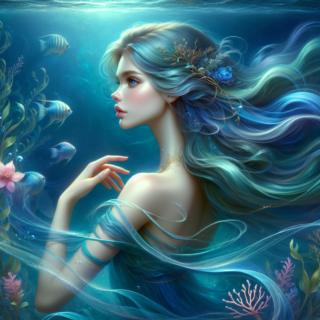 Underwater Scene with Woman and Colorful Marine Life