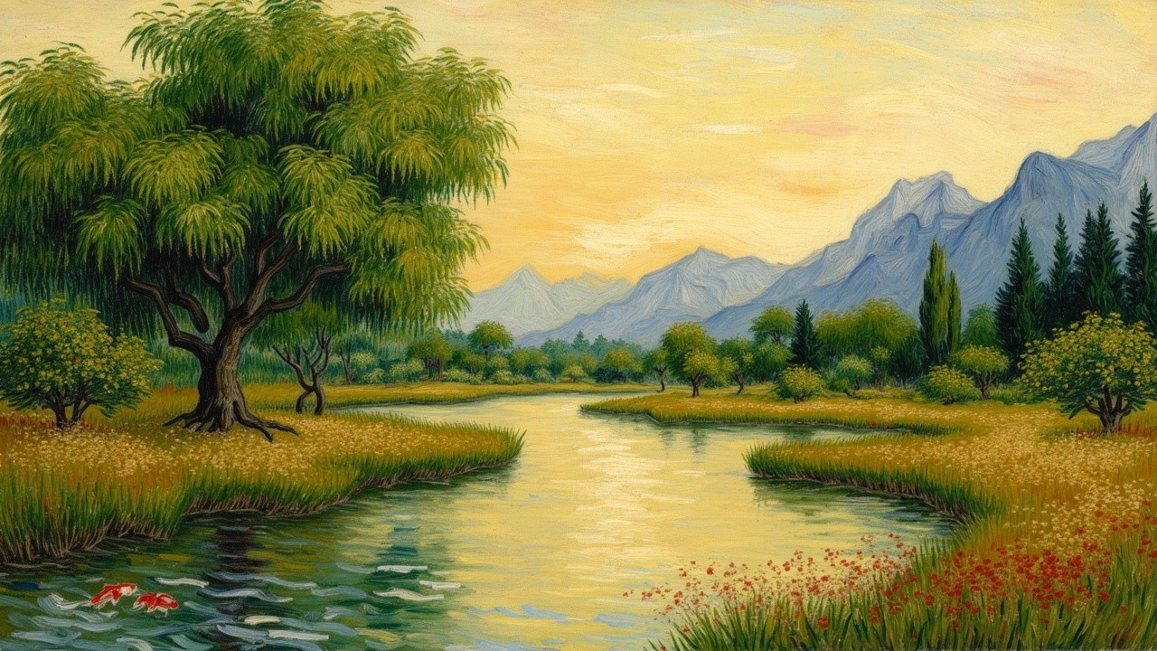 Serene landscape with river, greenery, and mountains