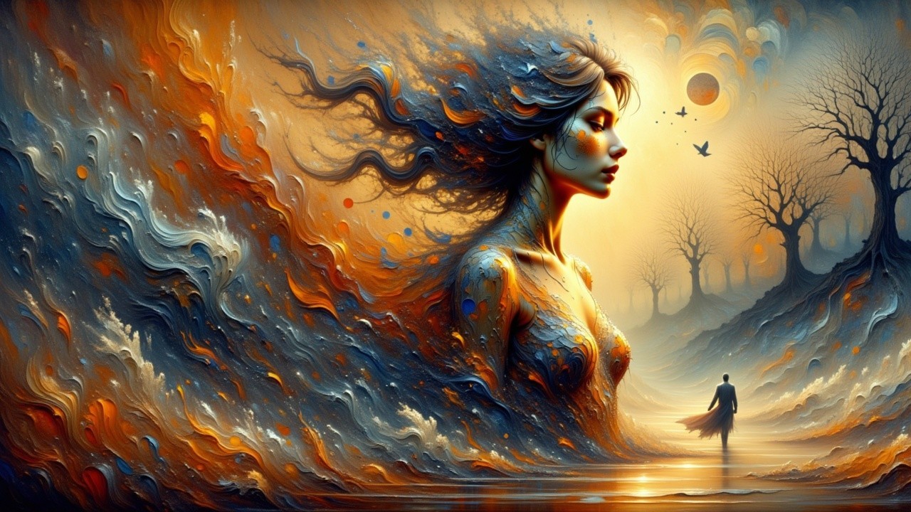 Flowing Figure with Vibrant Swirls in Dreamlike Landscape
