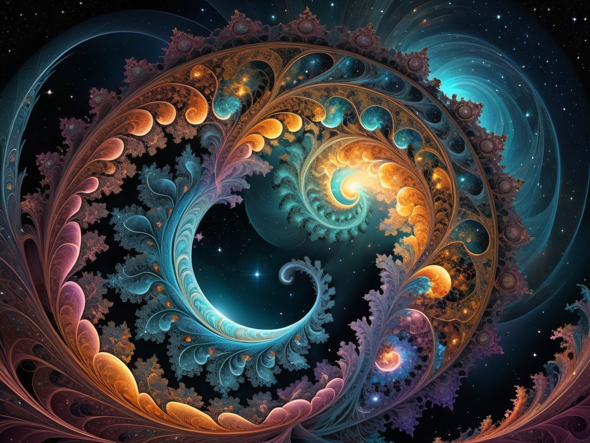 Fractal Pattern with Swirling Shapes and Cosmic Colors