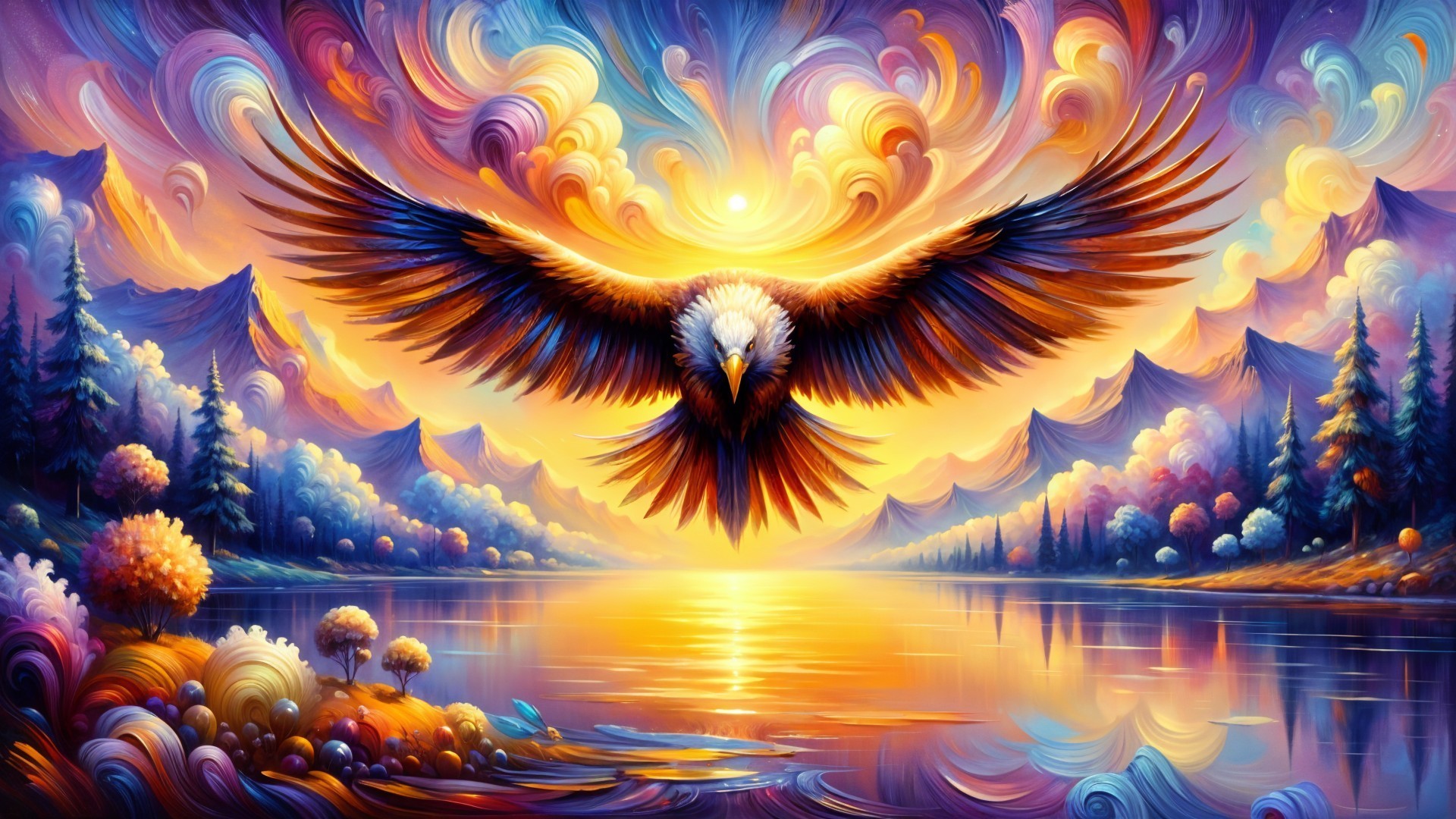Majestic Eagle in Vibrant Fantasy Landscape Scene