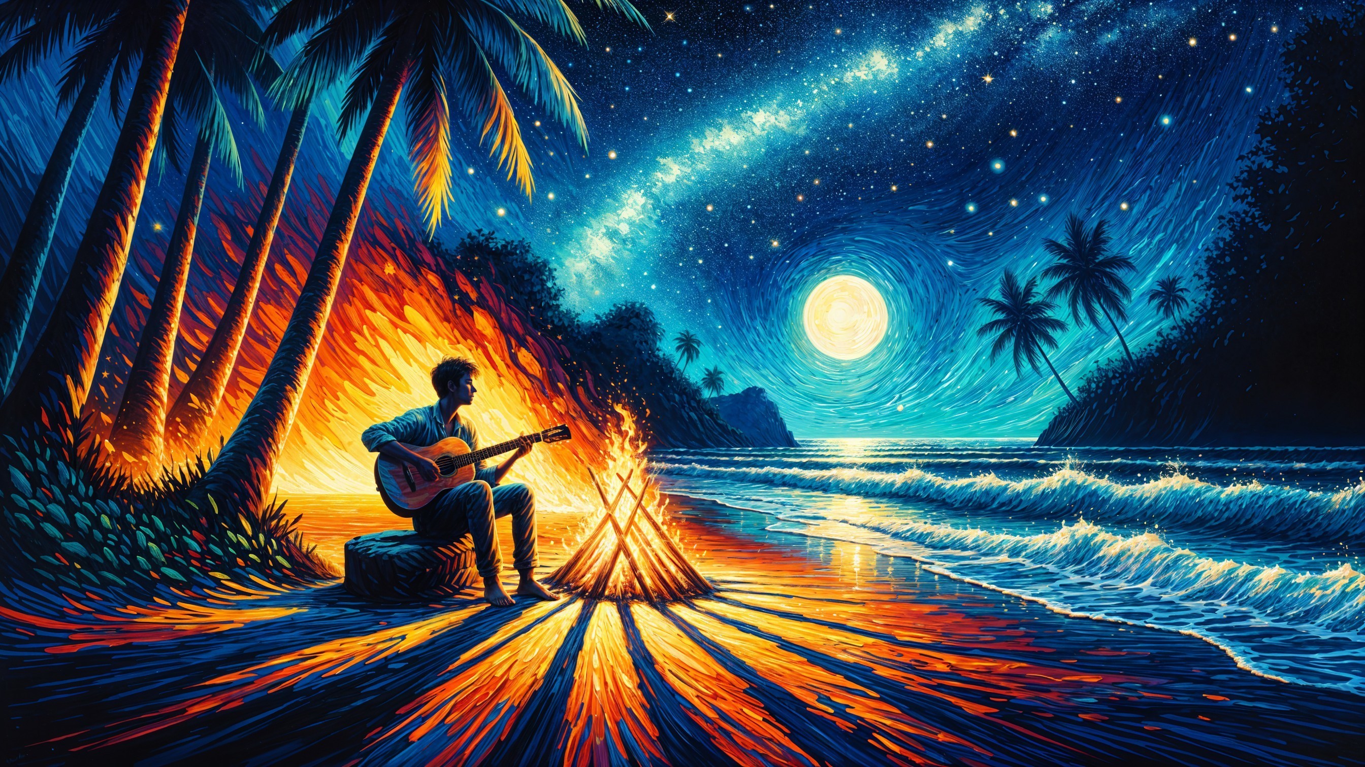 Nighttime Beach Scene with Guitar and Campfire