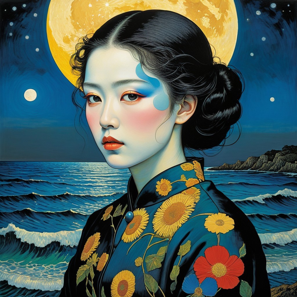 Serene Woman in Traditional Attire Under Full Moon