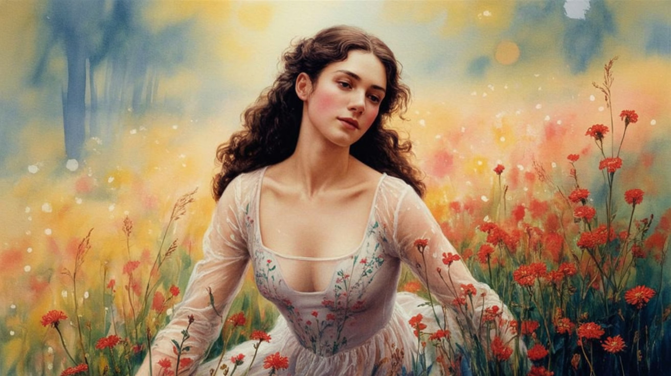 Young woman in white gown in wildflower field