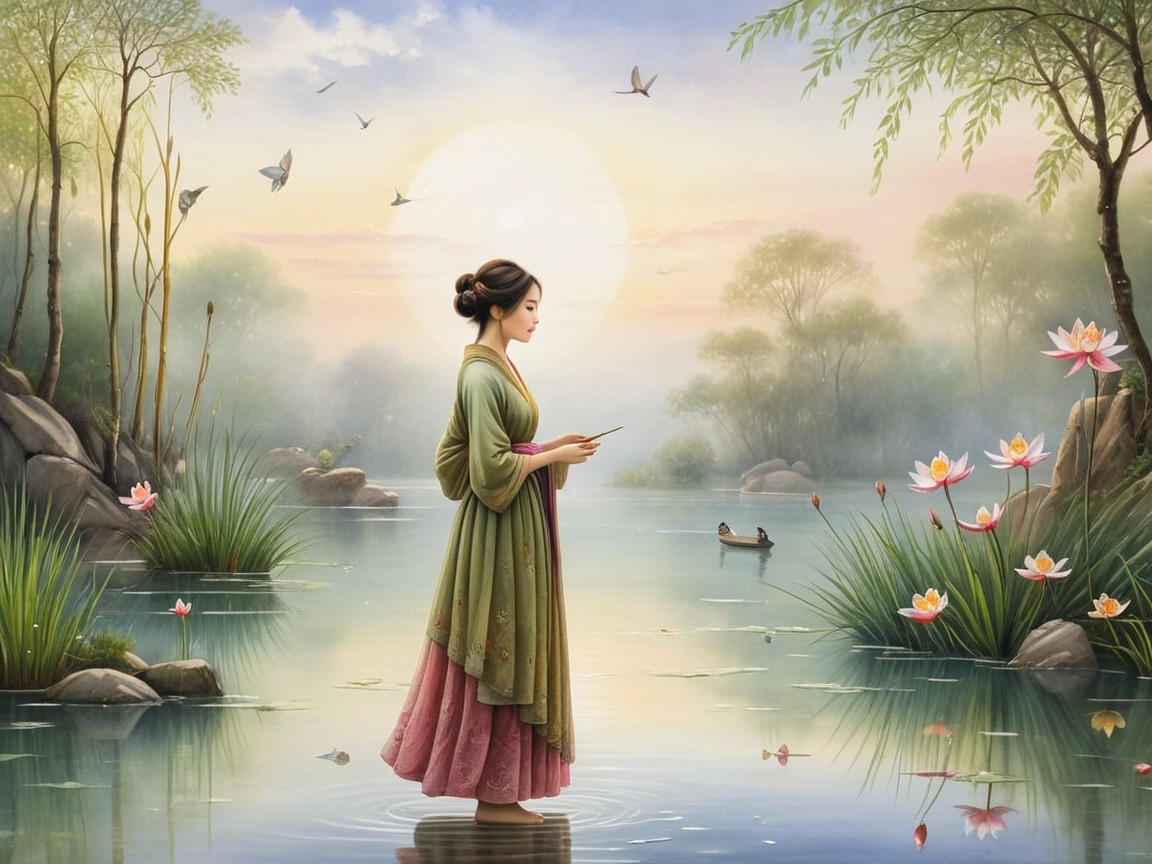 Serene Landscape with Woman in Traditional Gown