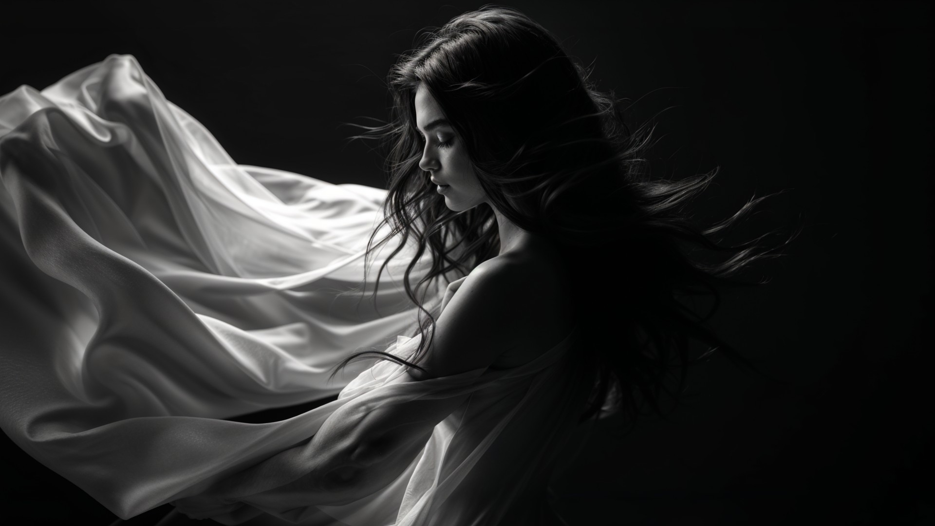 Elegant Woman in Flowing Fabric with Dark Background