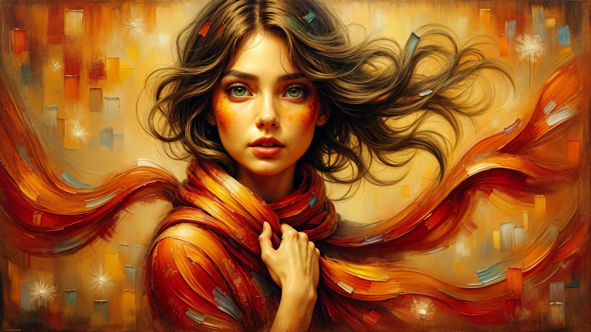 Young woman with wavy hair in warm colors