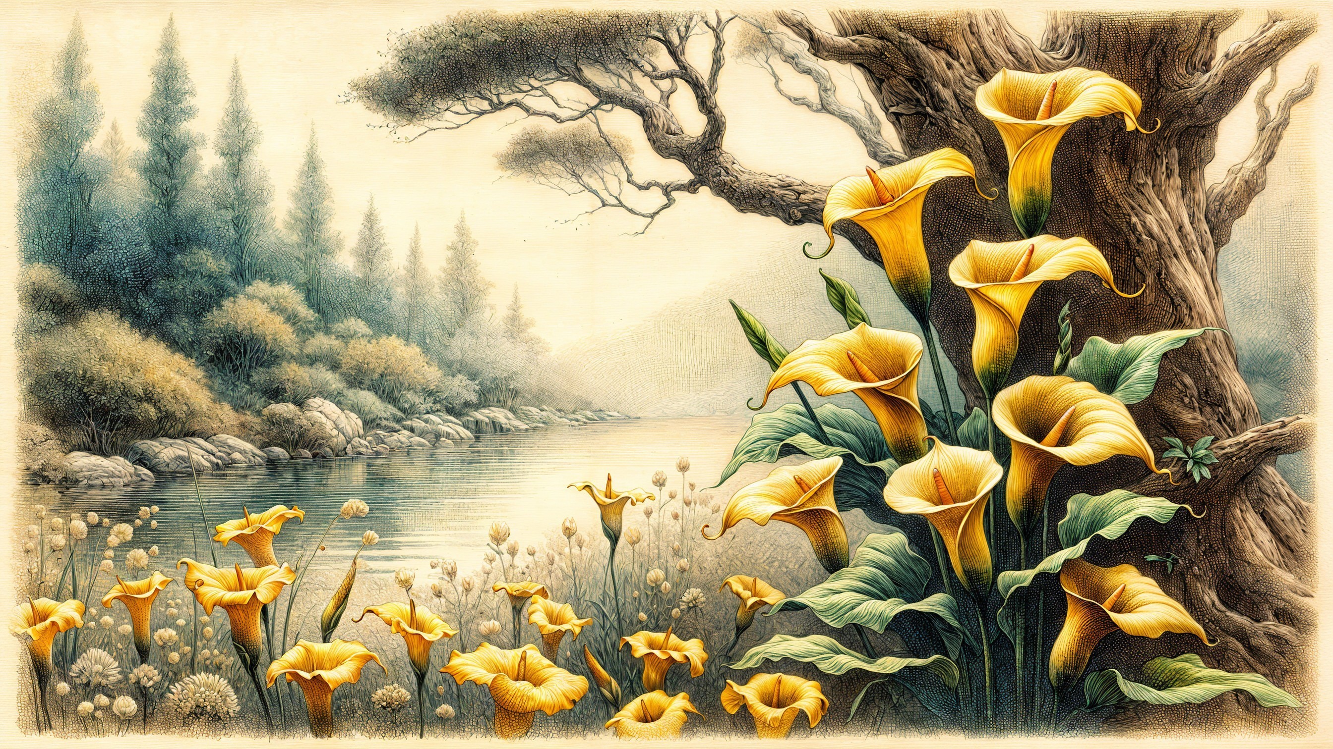 Serene Landscape with Yellow Calla Lilies and River