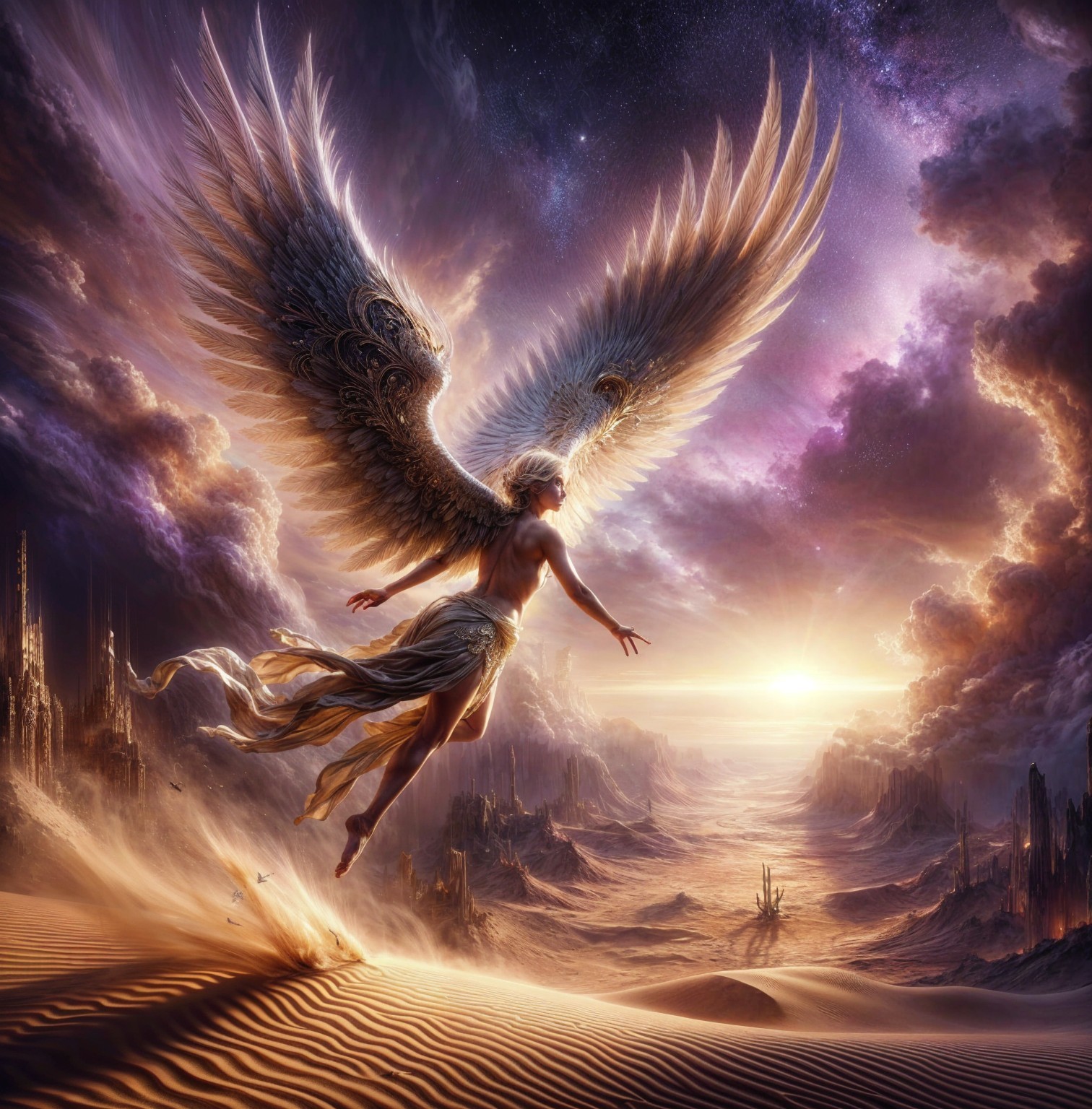 Winged Figure in Surreal Desert at Sunset