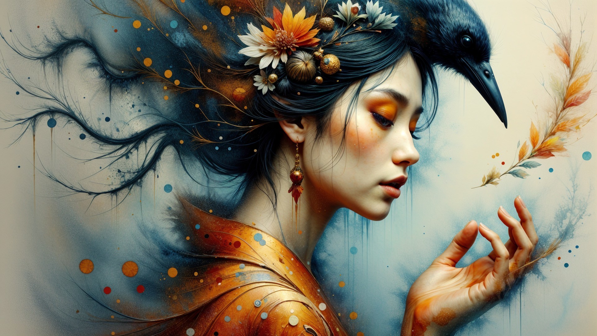 Serene Woman with Flowers and Raven in Dreamy Colors