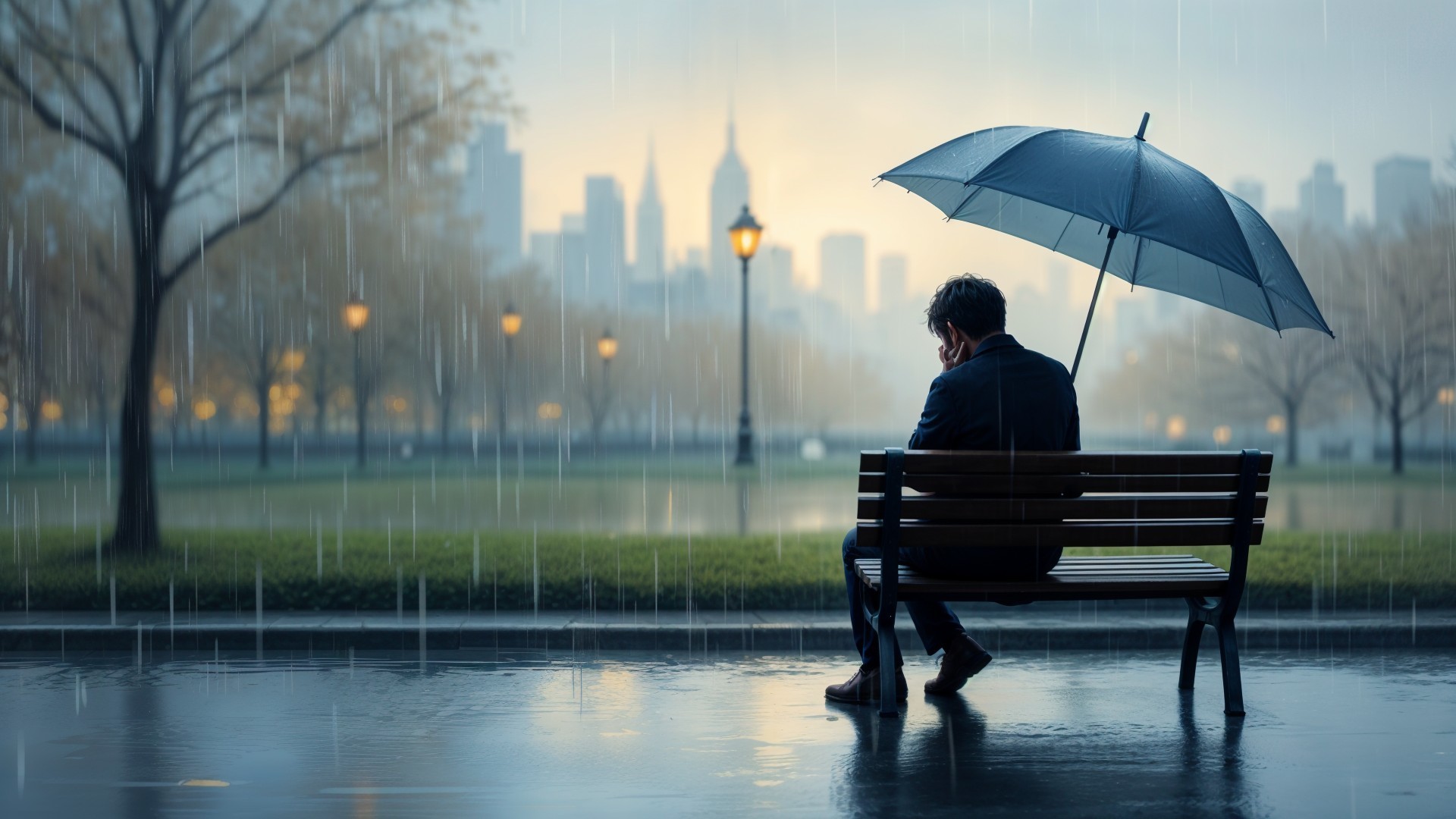 Solitary Figure on Park Bench Under Rainy Umbrella