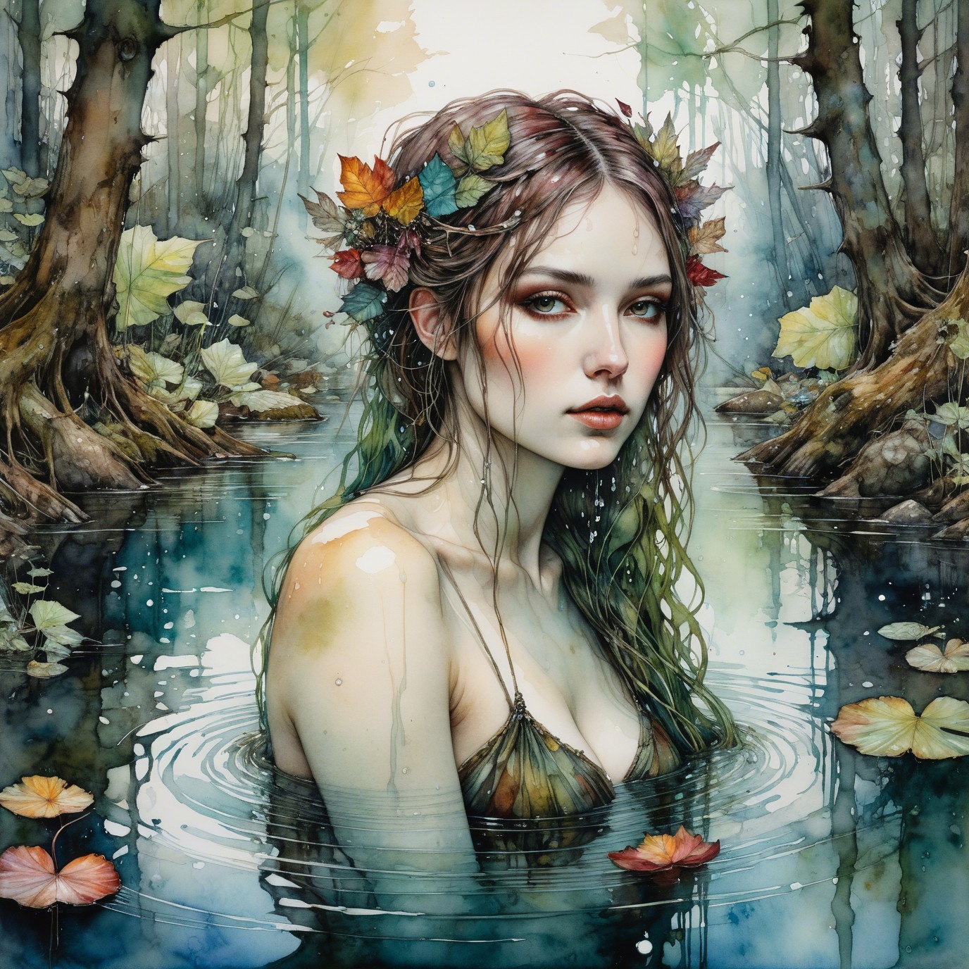 Serene Figure in Tranquil Forest Pond Setting