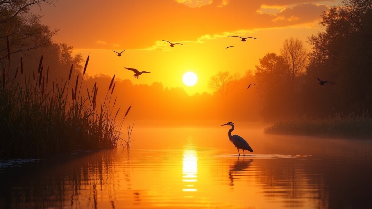 Serene Sunset Over a Tranquil Lake with Heron