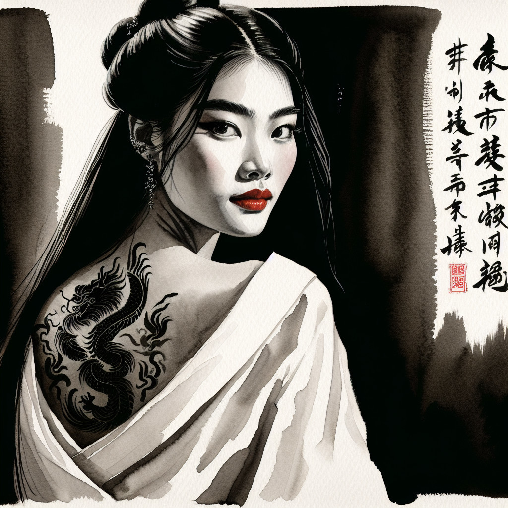 Black and White Watercolor of Asian Woman in Kimono