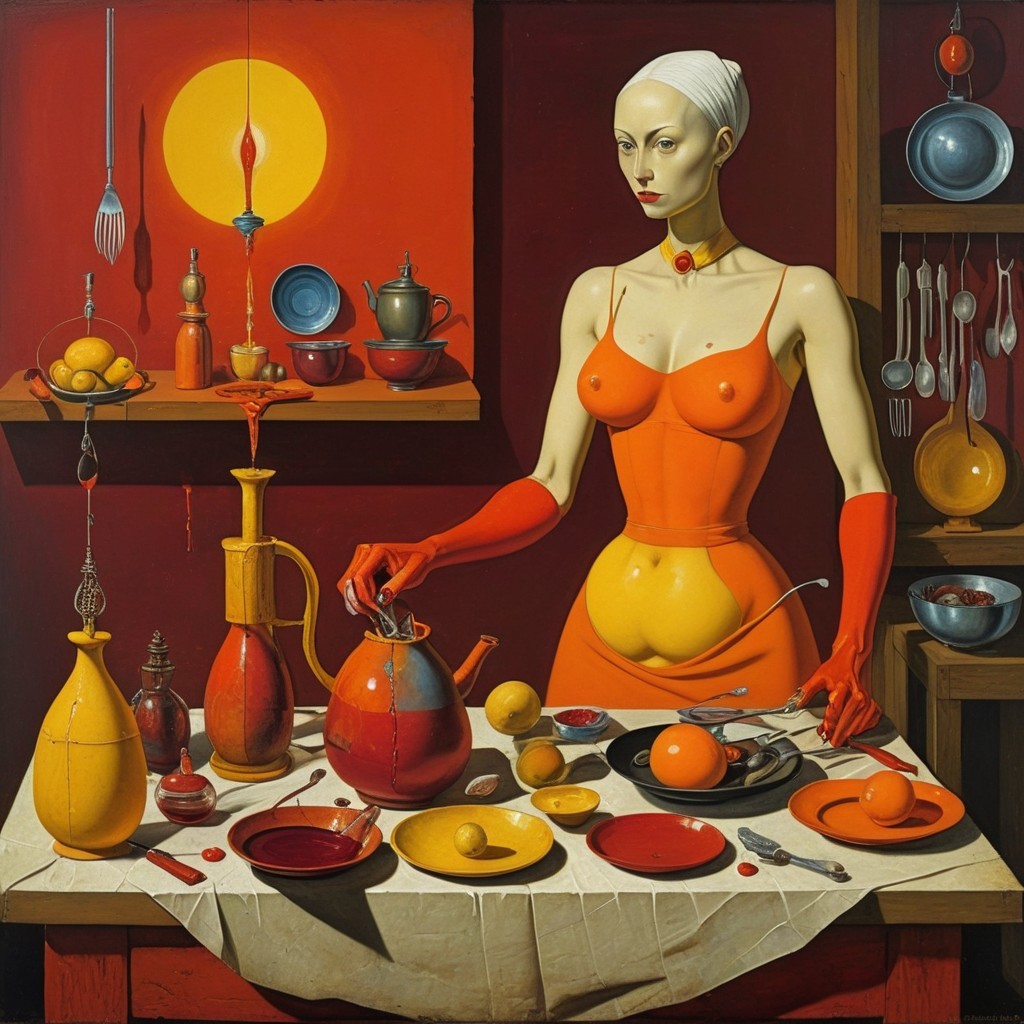 Surreal Artwork with Colorful Dishes and Figure