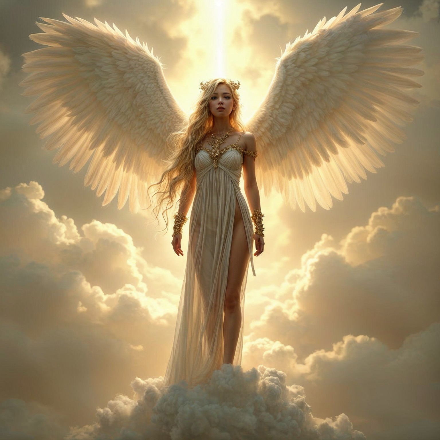 Majestic angel in radiant gown among ethereal clouds