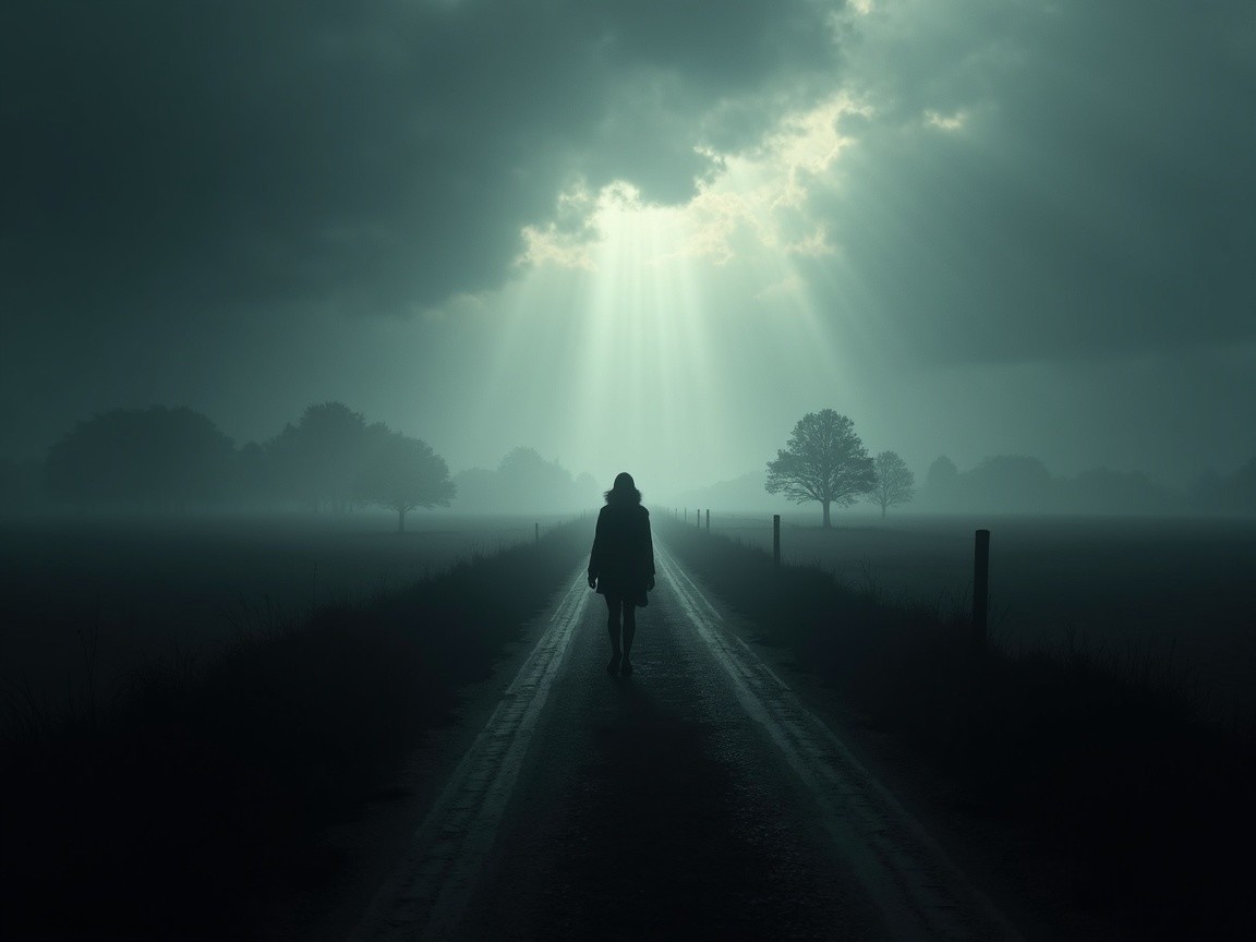 Lone Figure on a Misty, Desolate Pathway