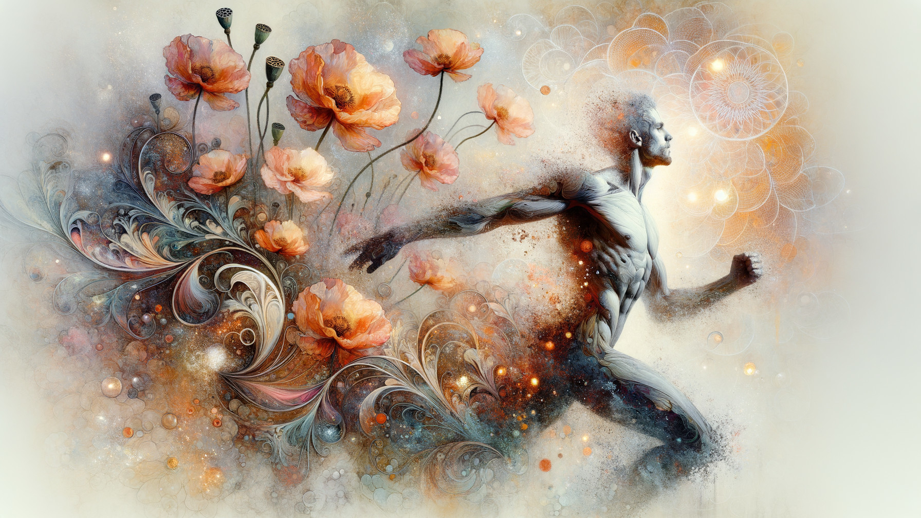 Surreal Figure in Motion with Floral Motifs and Colors