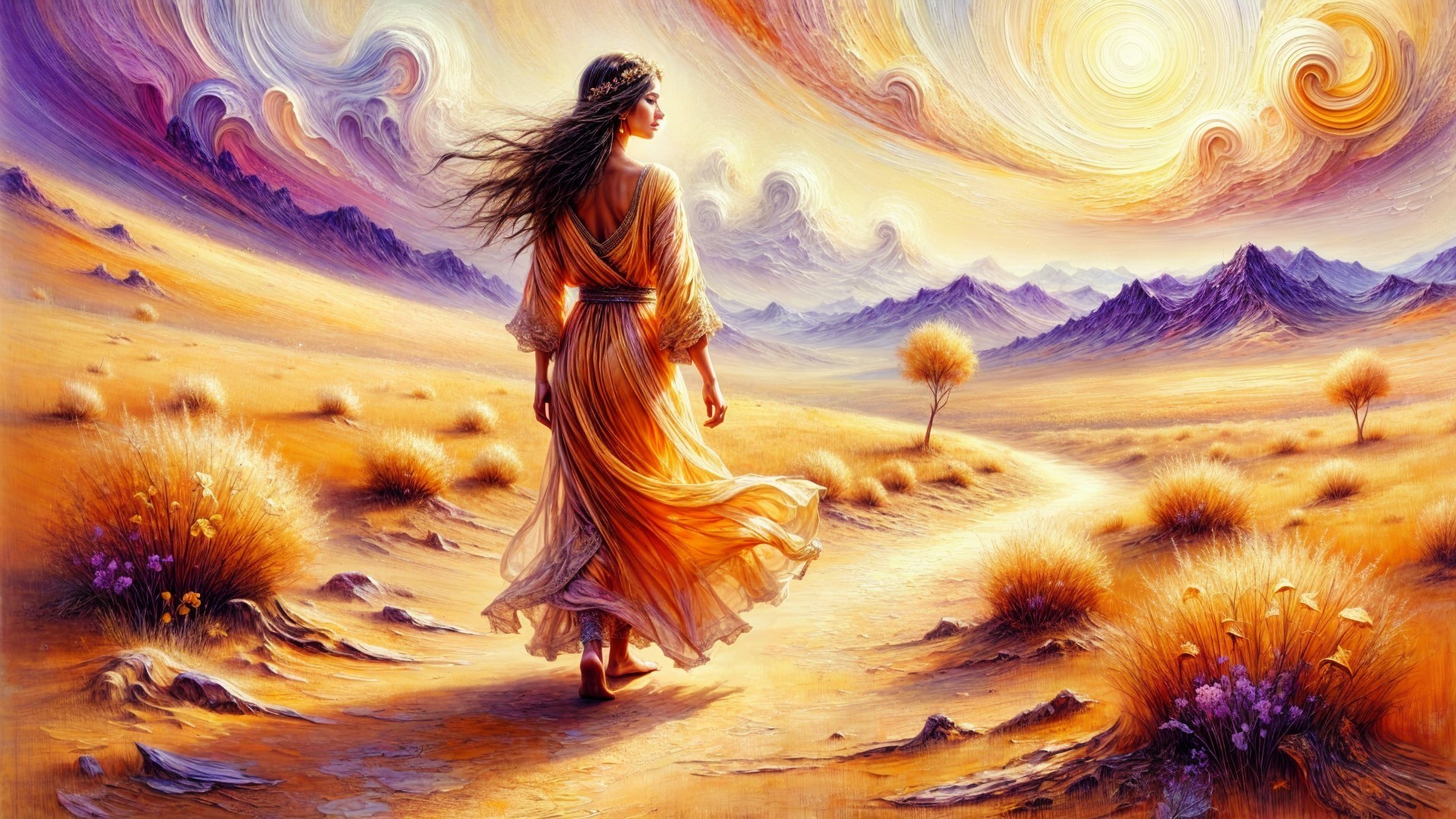Woman in flowing dress walks through golden desert landscape