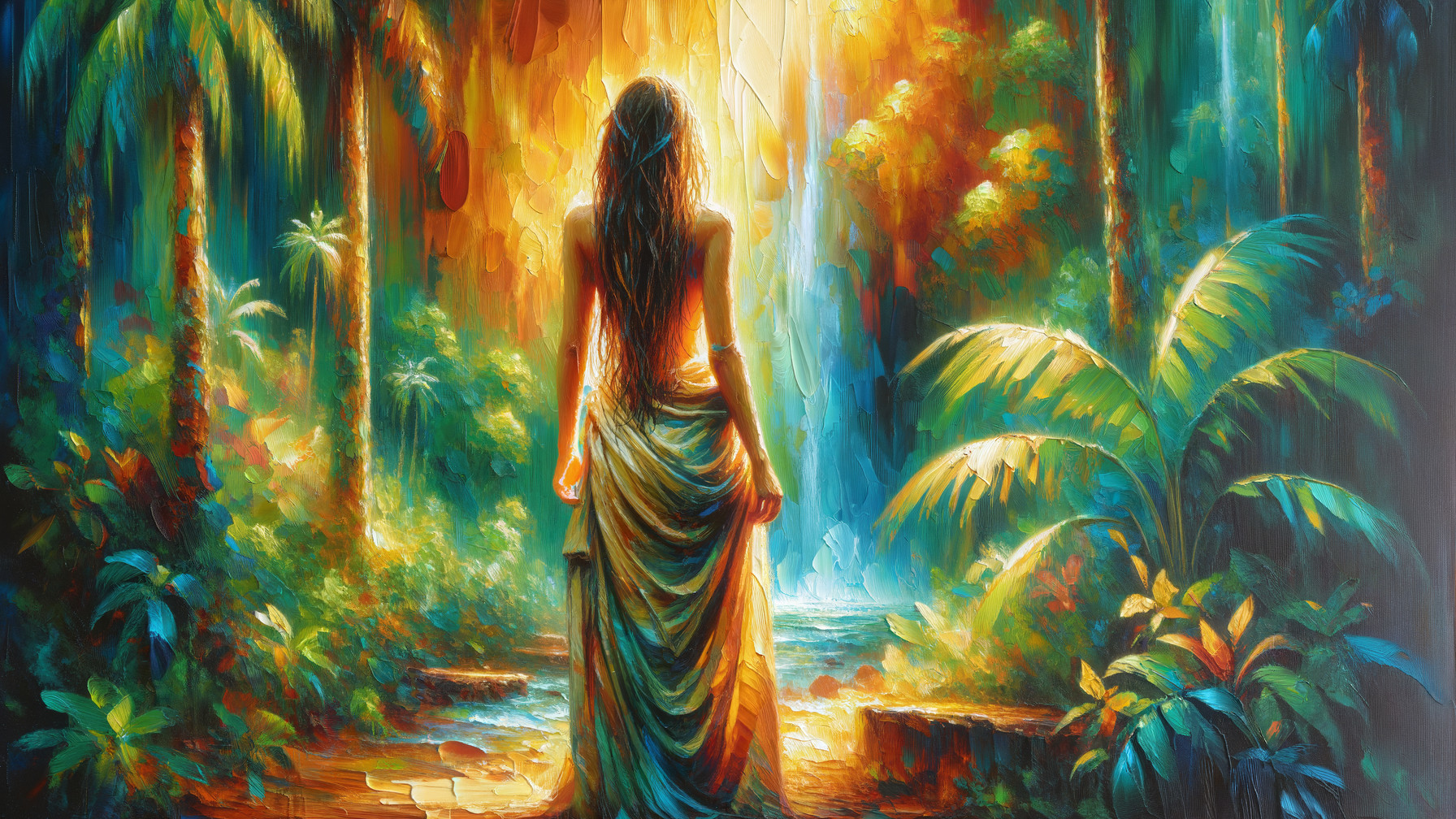 Vibrant Tropical Scene with Waterfall and Woman