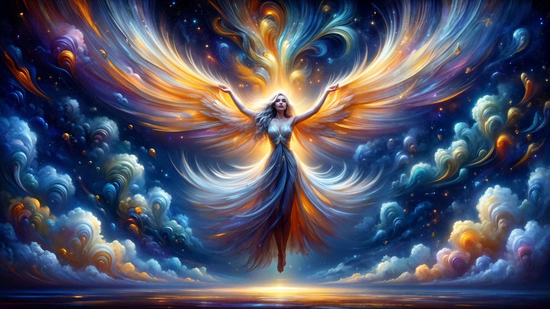 Celestial Figure in Vibrant Colors and Dreamlike Sky