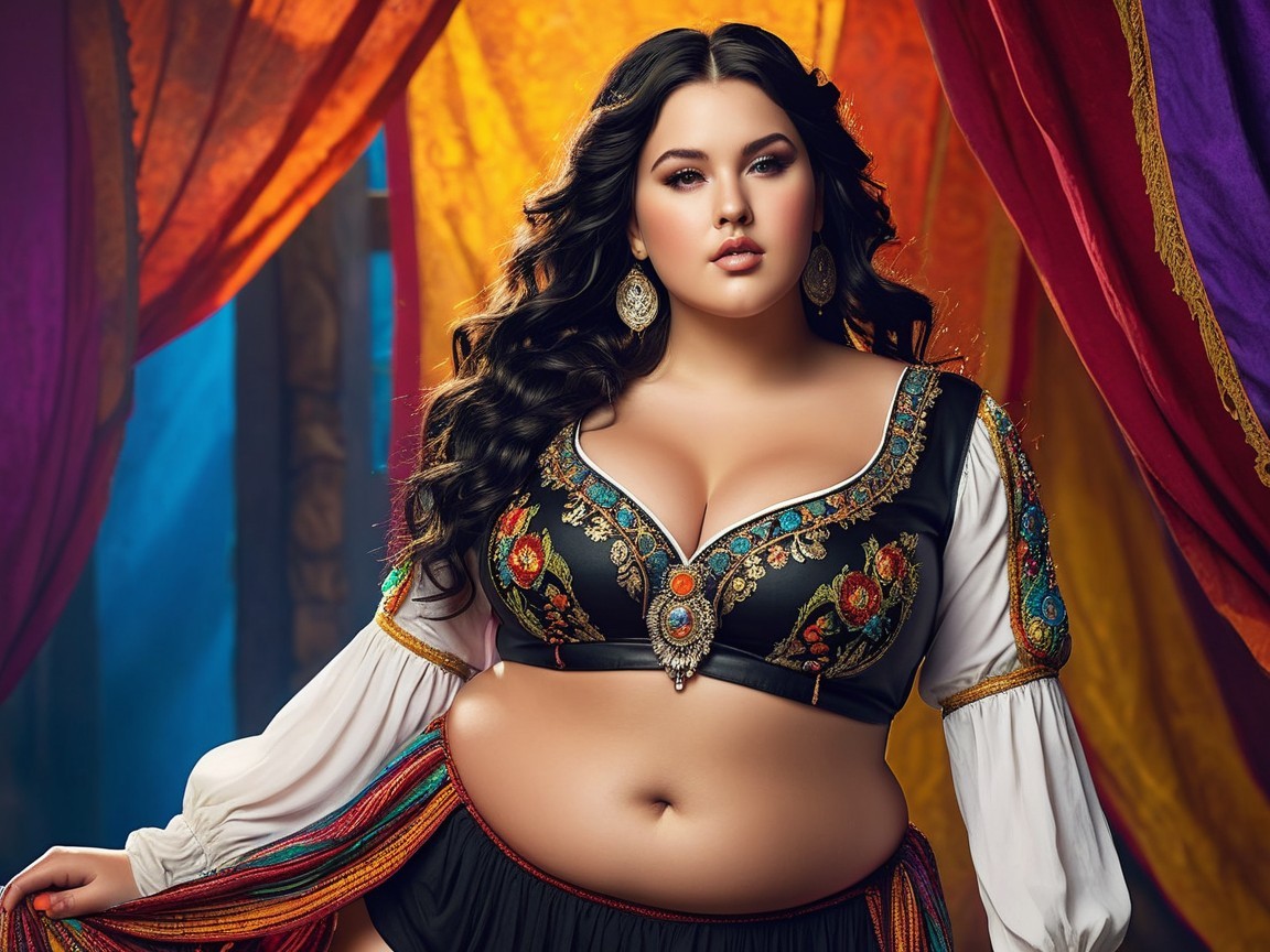 Confident Woman in Embroidered Crop Top Against Colorful Backdrop