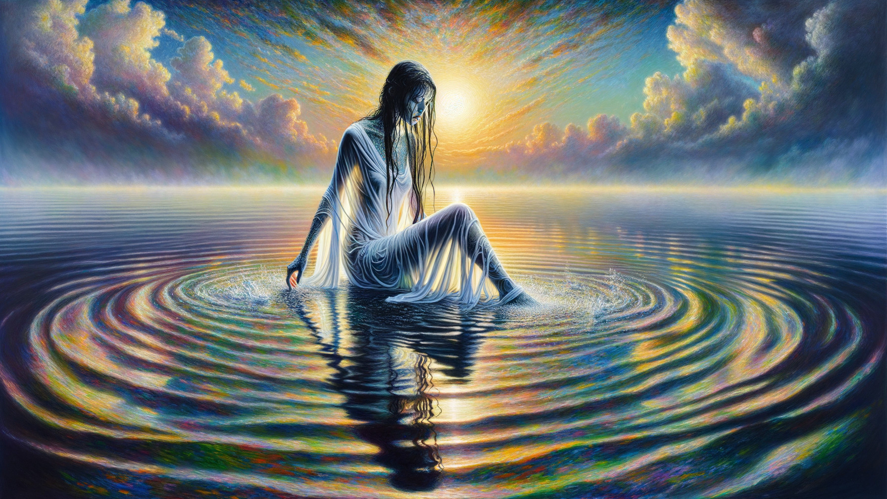 Serene Woman in White Attire Surrounded by Calm Waters