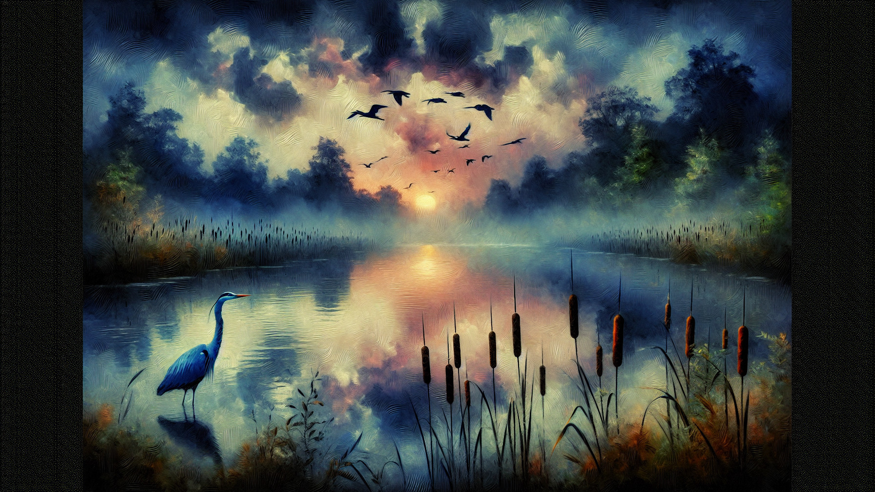 Serene Lake Landscape with Sunset and Silhouetted Trees