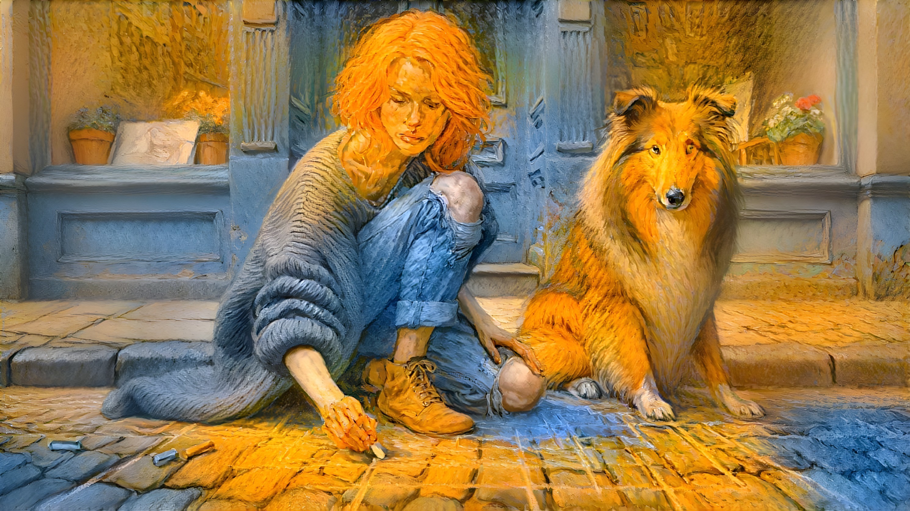 Young Woman with Orange Hair Drawing on Cobblestones