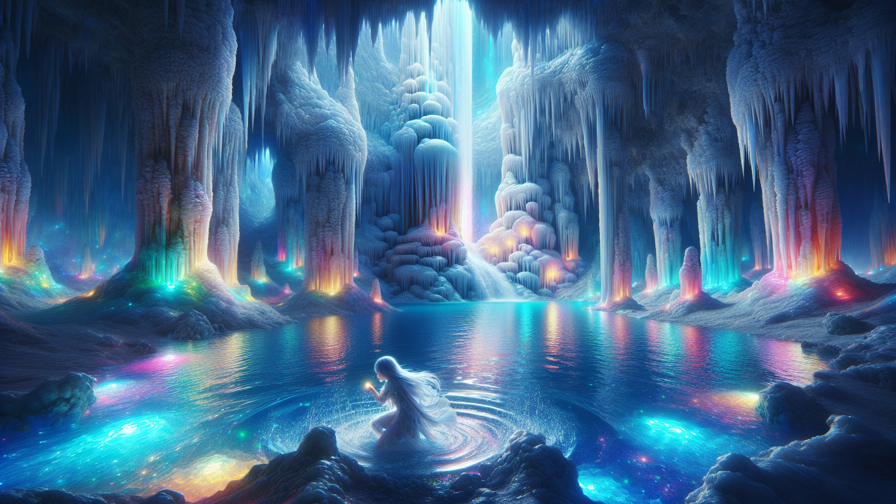Mystical Cave with Ethereal Light and Shimmering Pool