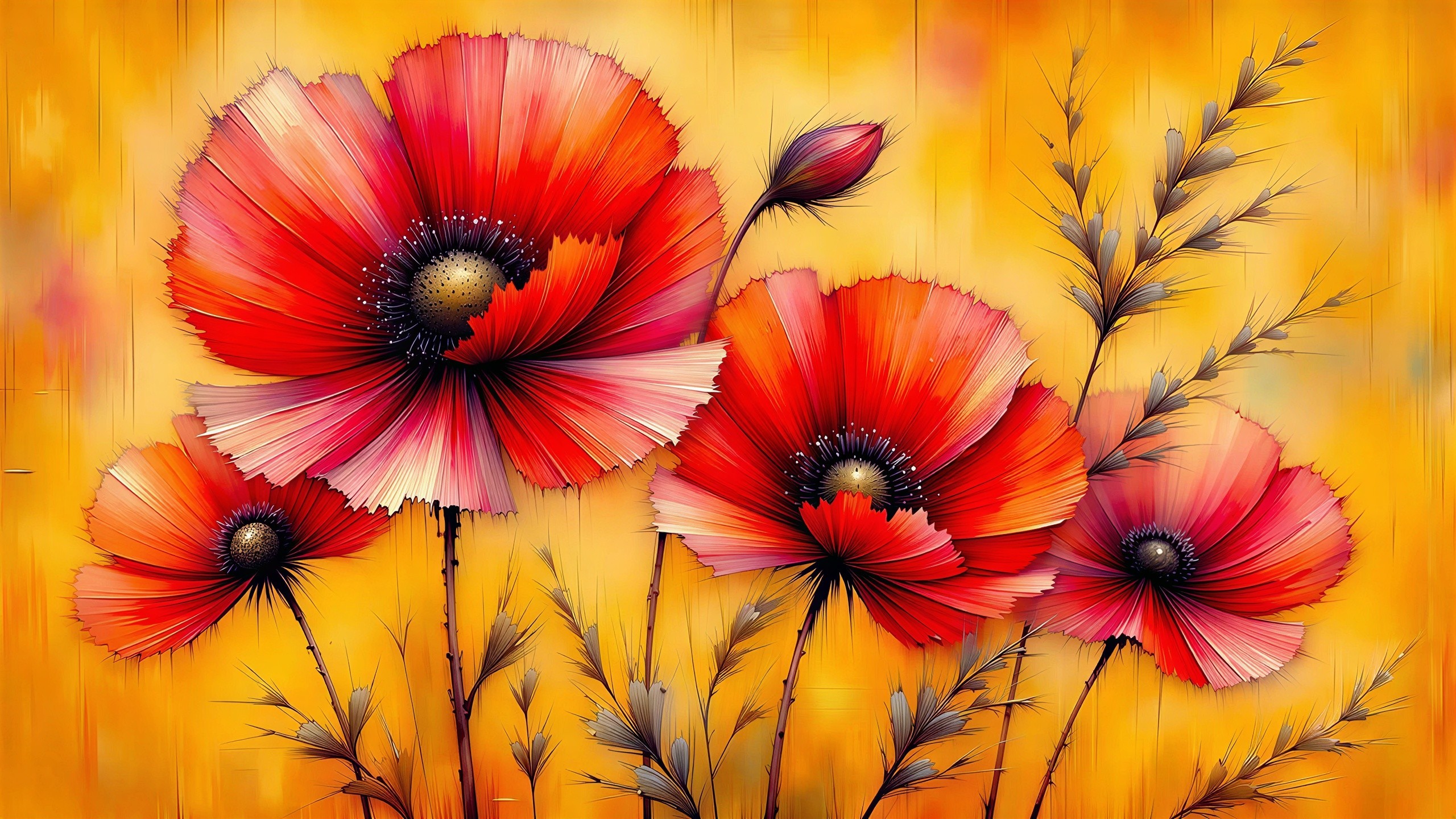 Vibrant Painting of Red Poppies on Yellow Background