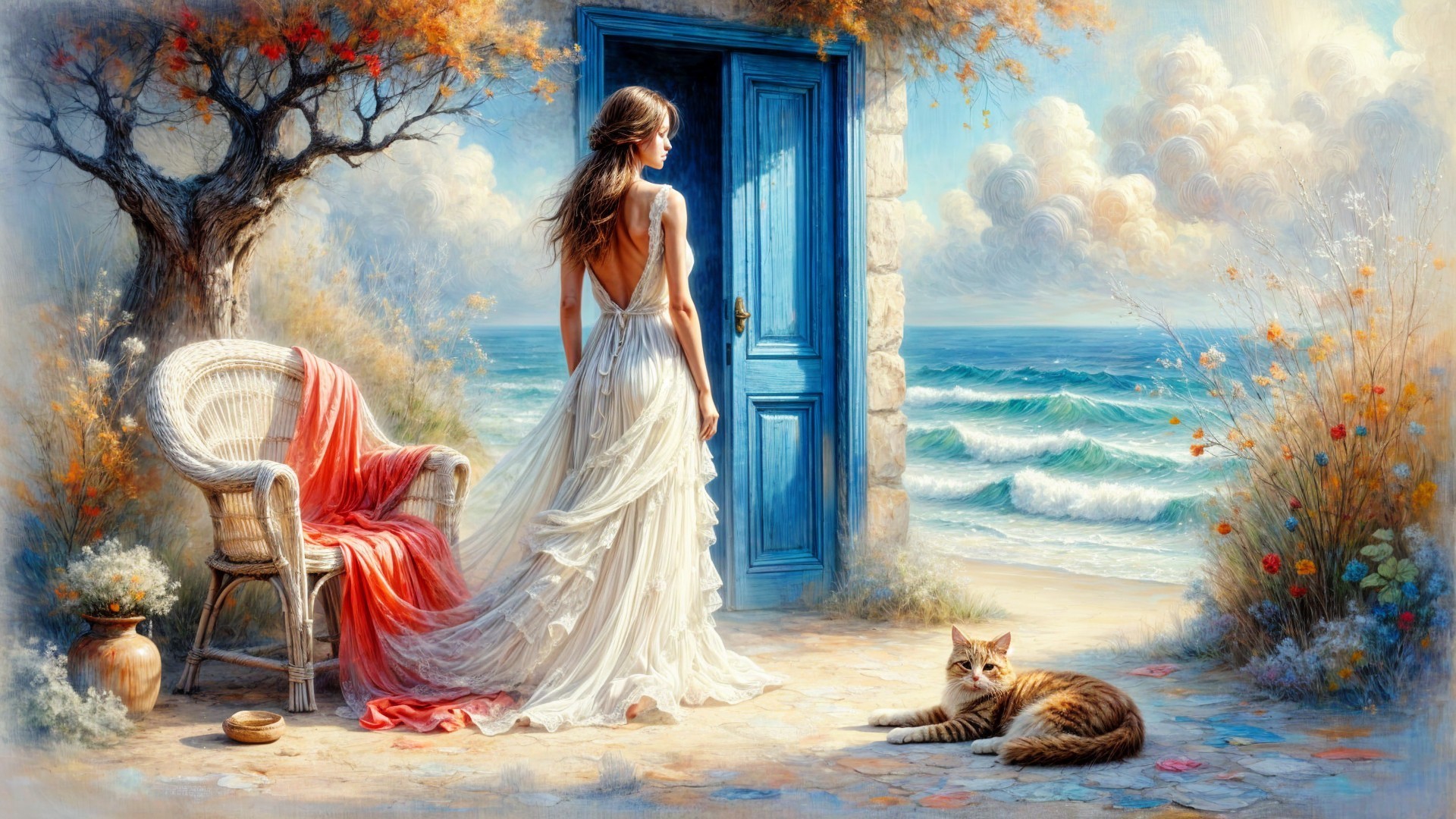 Coastal Scene with Woman at Open Door and Cat