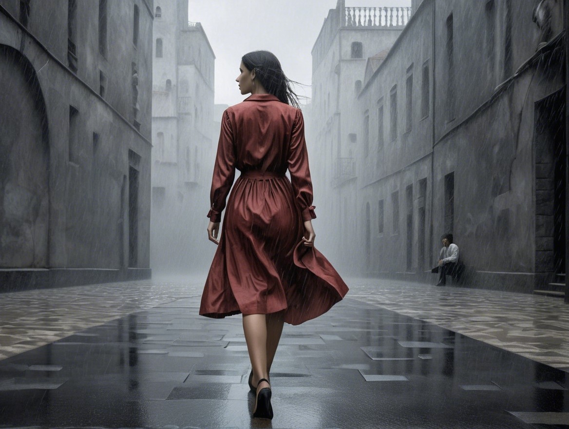 Woman in Red Dress on Rainy Urban Street